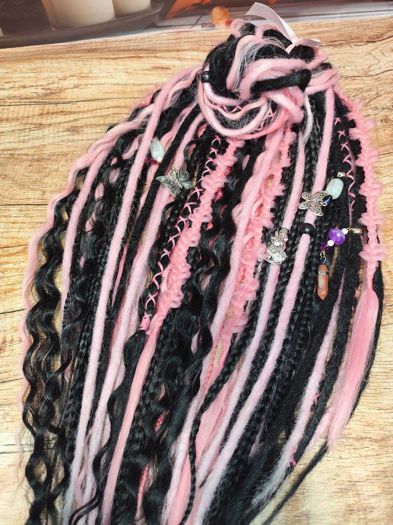 Black & Pink Hidden Base Visible Length Hair Extensions – Dark Romantic Curls with Subtle Dread Accents