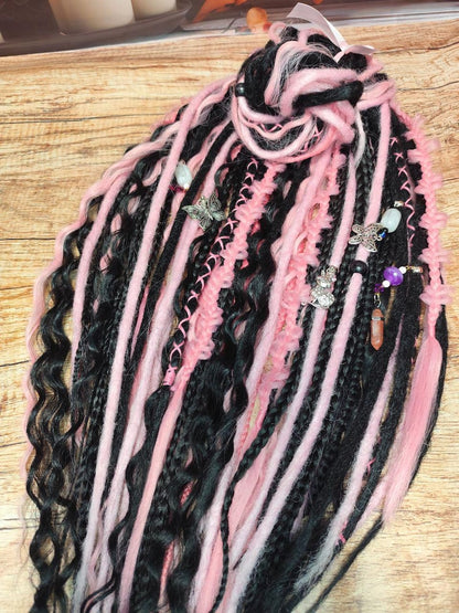 Black & Pink Hidden Base Visible Length Hair Extensions – Dark Romantic Curls with Subtle Dread Accents