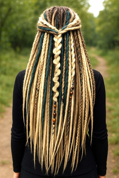 Blonde Dreadlock Extensions mit grünen Akzenten – synthetische Boho-Dreads, leicht