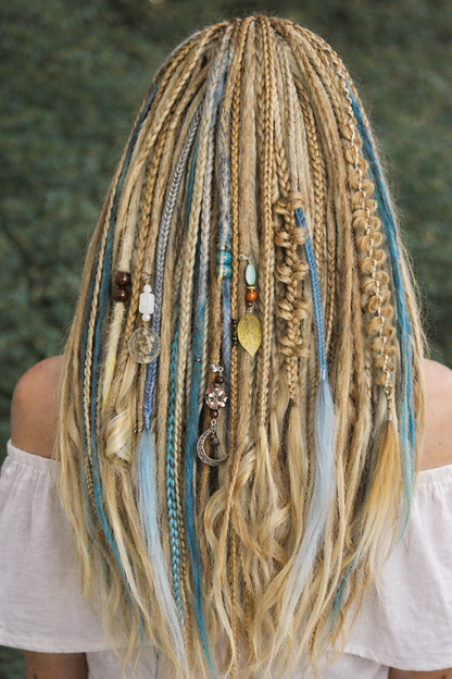 Blonde Blue Boho Fake Dreads – Double Ended Synthetic Dreads with Loose Ends