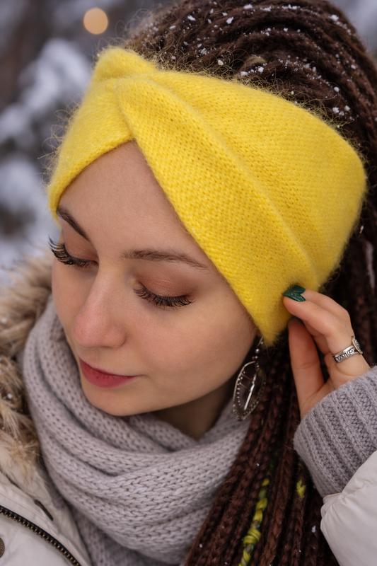 Yellow Angora Headband – Handmade Knitted Winter Ear Warmer
