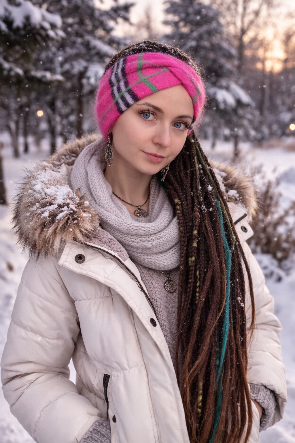 Pink Angora Ear Warmer Headband – Plaid Knit Winter Headband (Handmade)