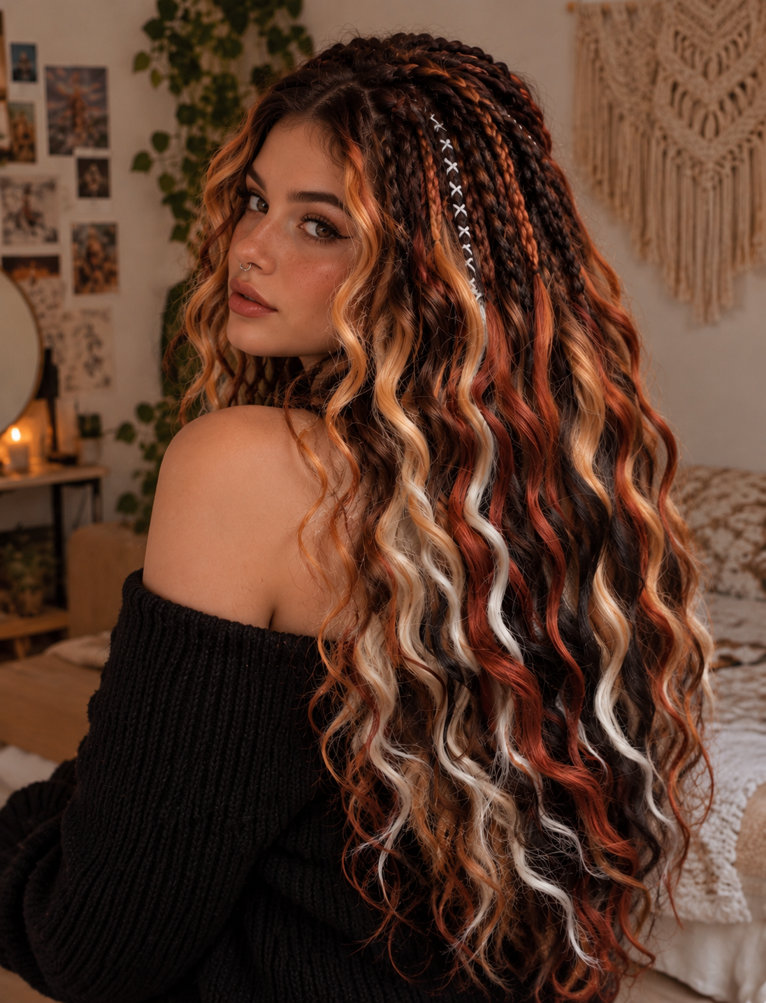 Brown copper blonde boho dreads with wavy curls and braids - image 3