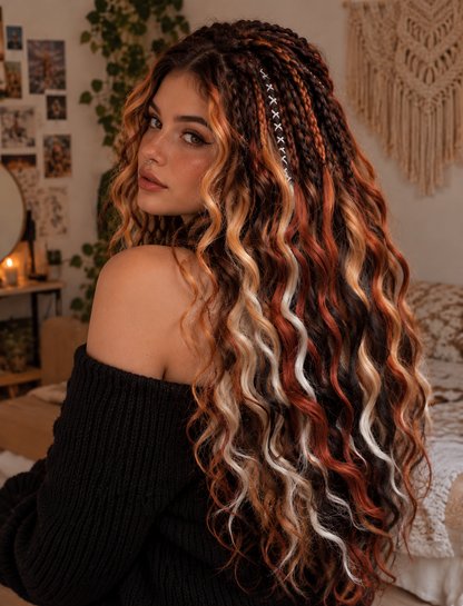 Brown copper blonde boho dreads with wavy curls and braids - image 3
