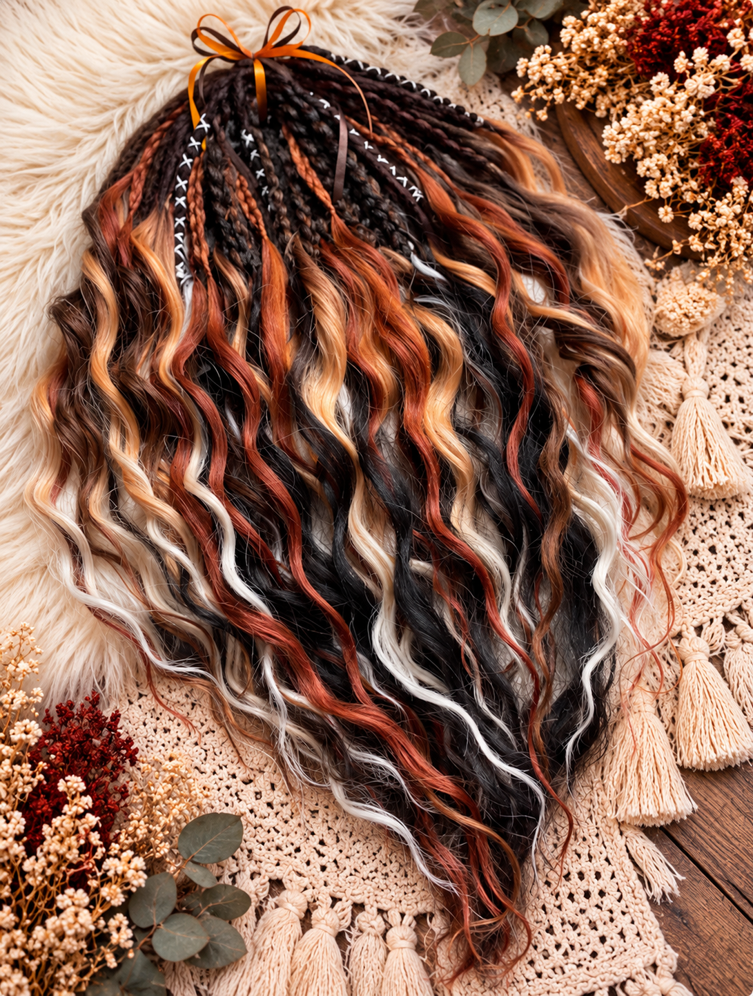 Brown copper blonde boho dreads with wavy curls and braids - image 4
