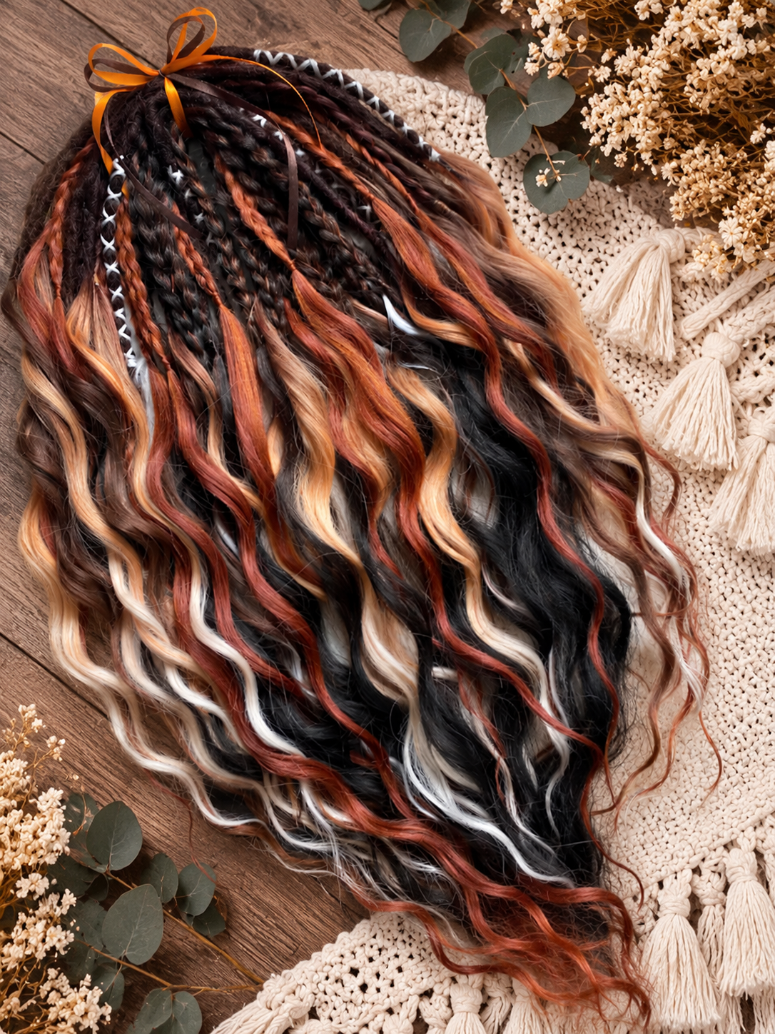 Brown copper blonde boho dreads with wavy curls and braids - image 6