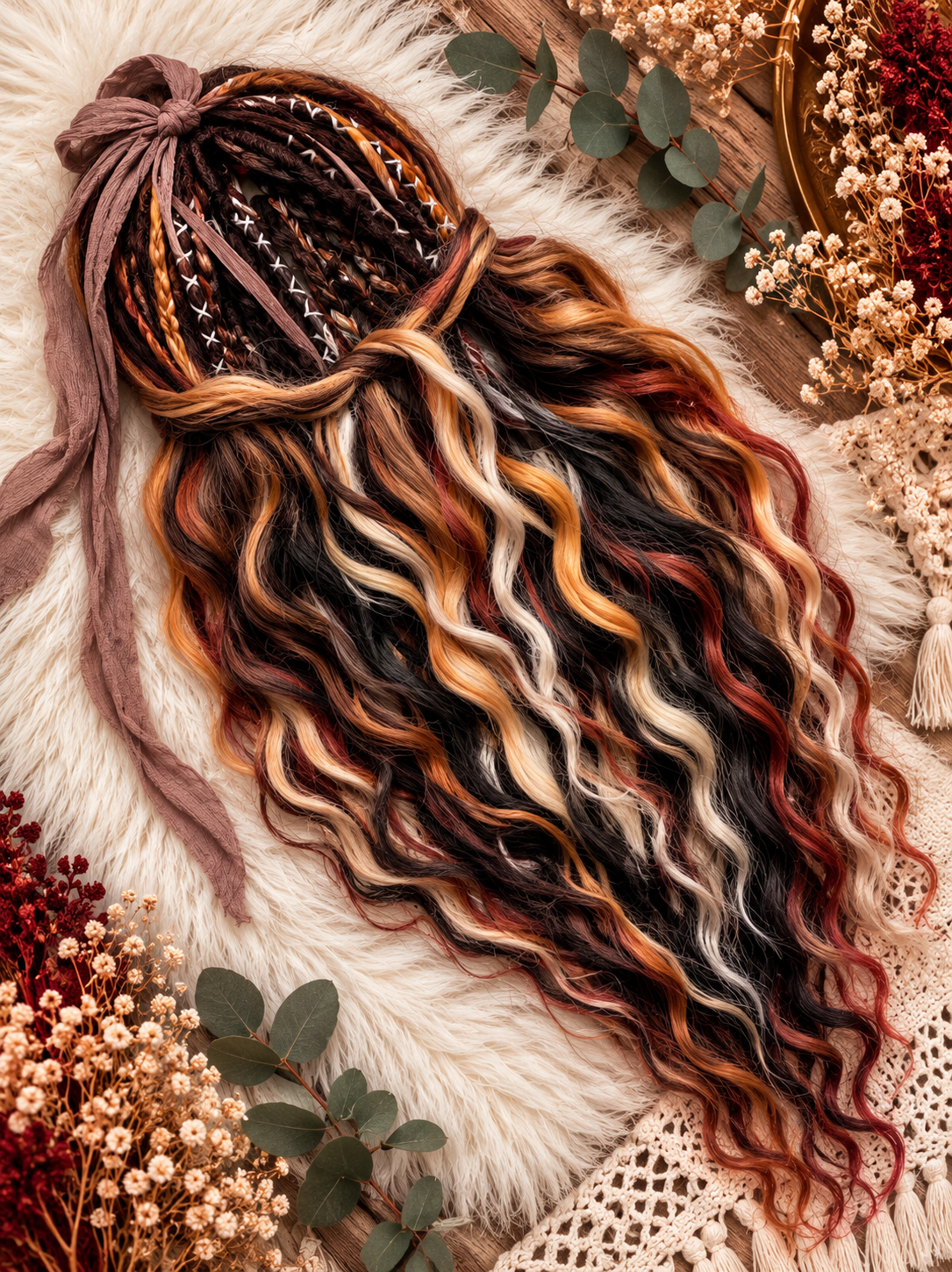 Brown copper blonde boho dreads with wavy curls and braids - image 8