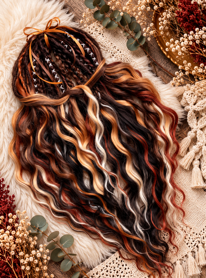 Brown copper blonde boho dreads with wavy curls and braids - image 9