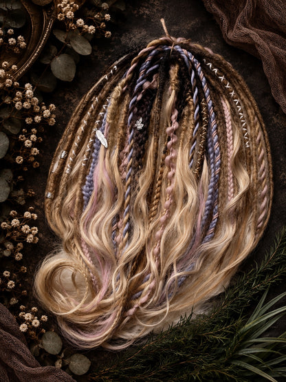 Dark brown to sandy blonde ombre synthetic boho dreads with brushable curls and pastel pink lavender braids – view 1