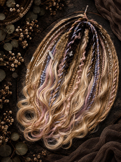Dark brown to sandy blonde ombre synthetic boho dreads with brushable curls and pastel pink lavender braids – view 2