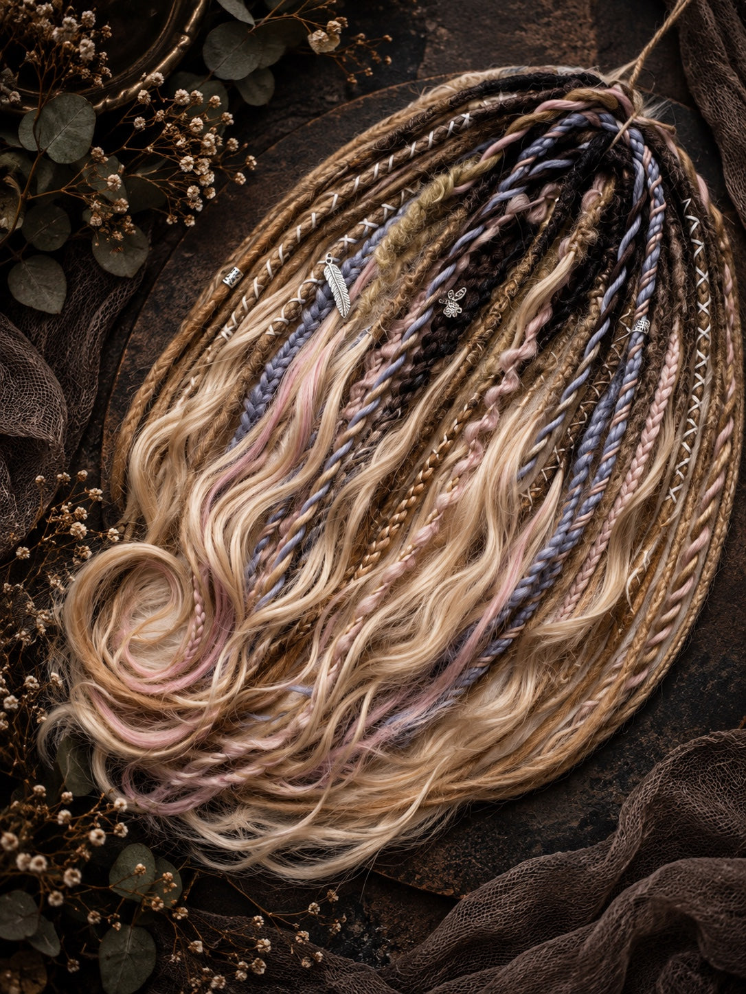 Dark brown to sandy blonde ombre synthetic boho dreads with brushable curls and pastel pink lavender braids – view 3