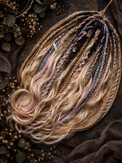 Dark brown to sandy blonde ombre synthetic boho dreads with brushable curls and pastel pink lavender braids – view 3