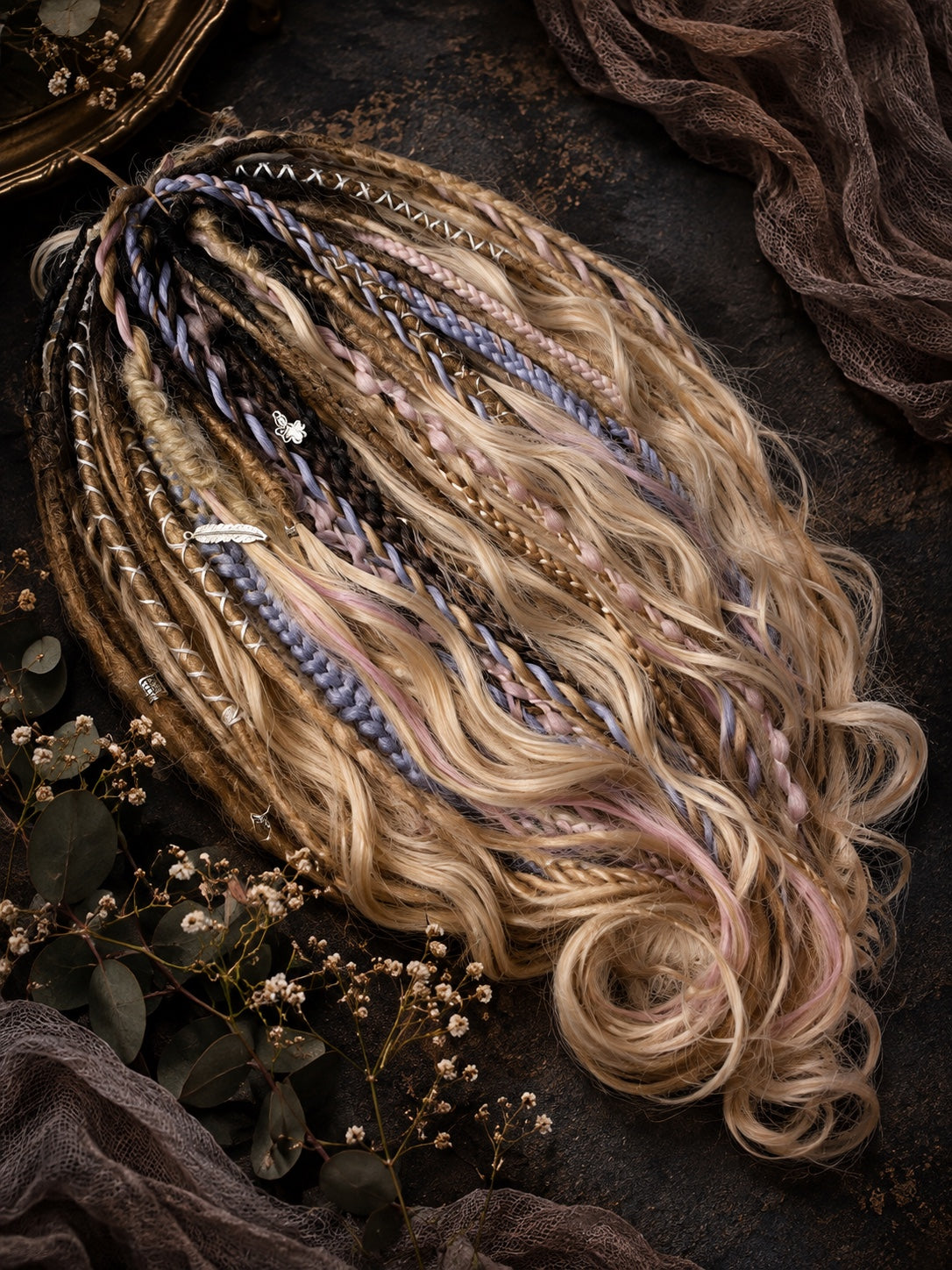 Dark brown to sandy blonde ombre synthetic boho dreads with brushable curls and pastel pink lavender braids – view 4