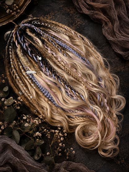 Dark brown to sandy blonde ombre synthetic boho dreads with brushable curls and pastel pink lavender braids – view 4