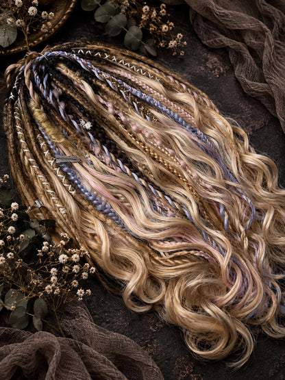 Dark brown to sandy blonde ombre synthetic boho dreads with brushable curls and pastel pink lavender braids – view 5