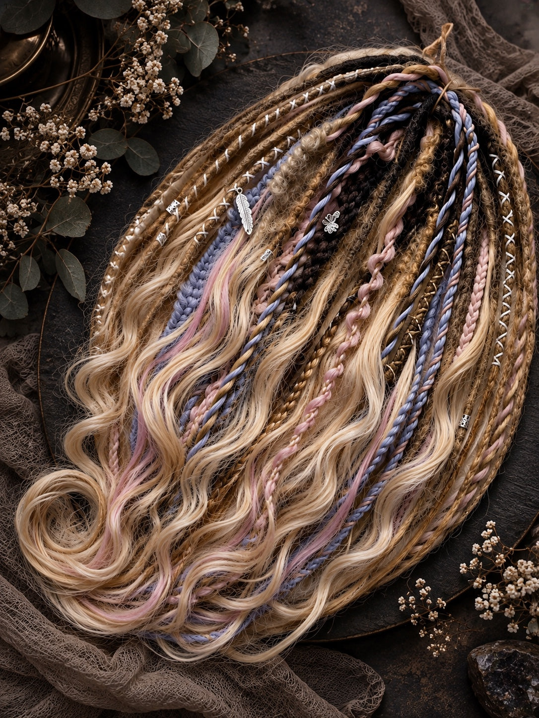 Dark brown to sandy blonde ombre synthetic boho dreads with brushable curls and pastel pink lavender braids – view 6