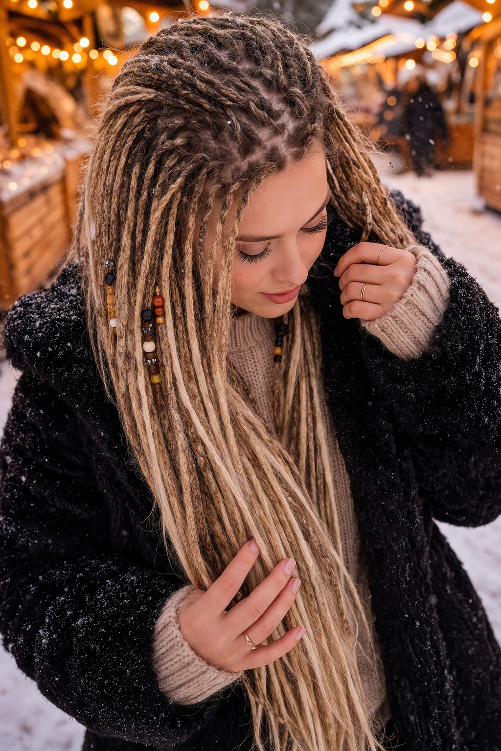 Dunkelblond/Hellblond Boho Kunst-Dreadlocks – doppelseitige Dreads mit Zöpfen