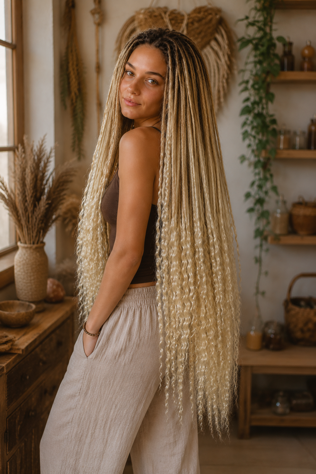 Sandy Blonde Boho Dreadlock Extensions with Milky Loose Curls – 70 cm