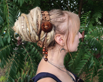 Boho Wood Hair Tie for Bun with Crocheted Lace - MiraDreadlocks