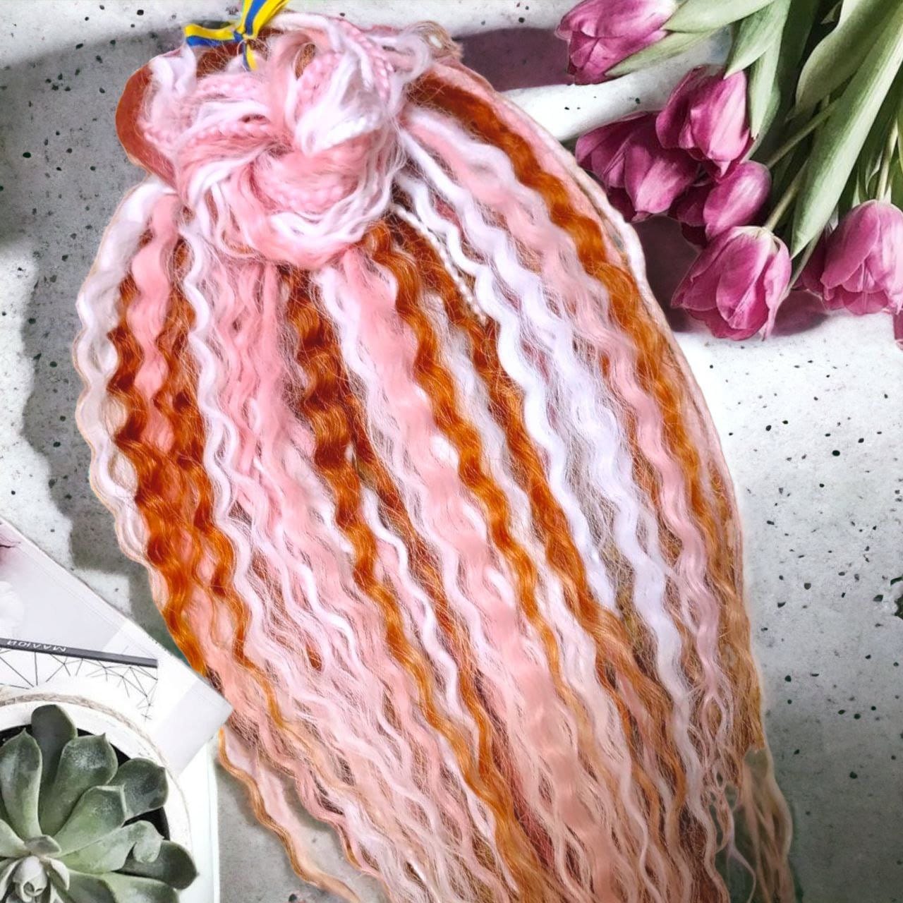 Boho Vibes Pink and White and a hint of Red Double Ended Dreads Curls - Custom-Made Synthetic Dreads Curls Hair Accessories with loose curls