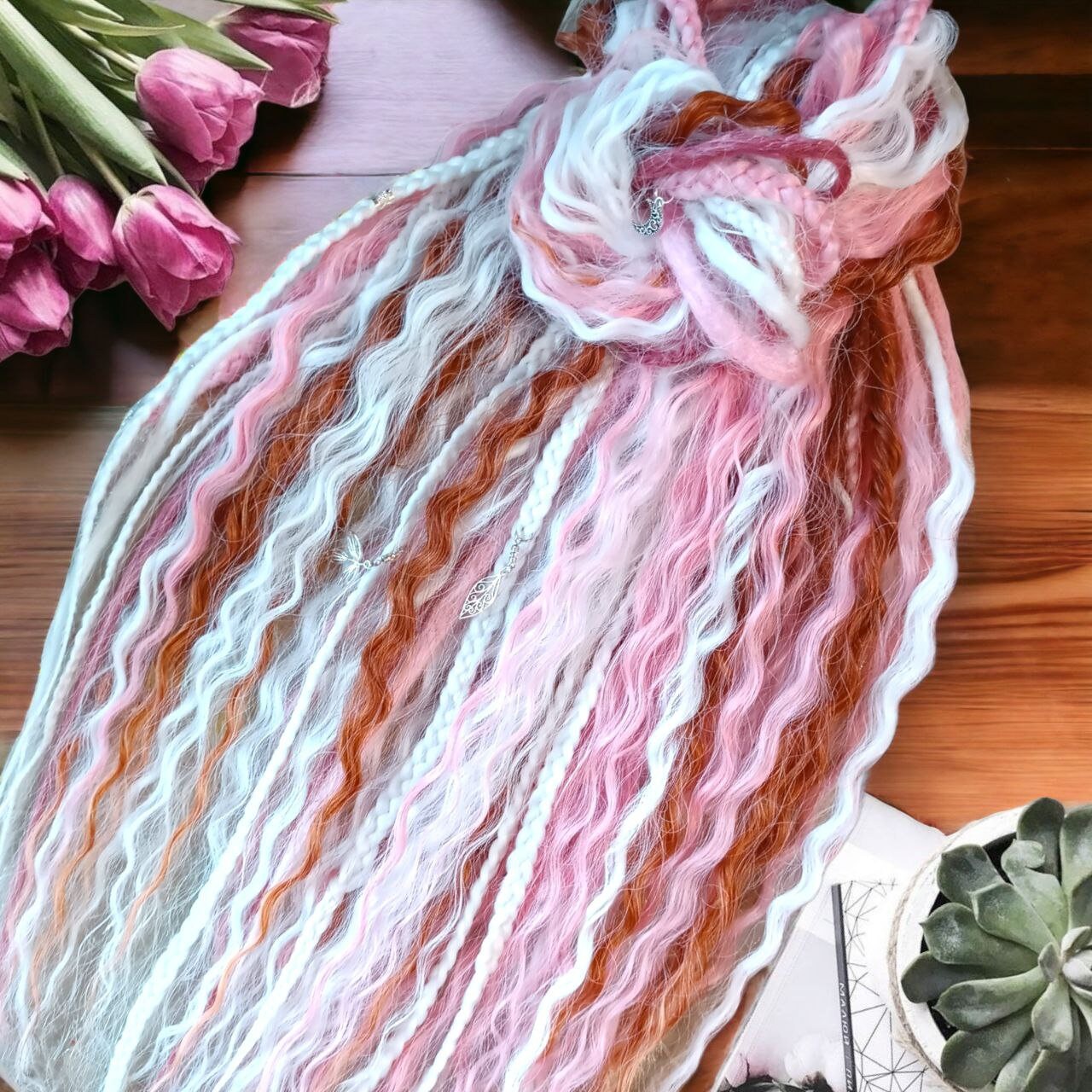 Boho Vibes Pink and White and a hint of Red Double Ended Dreads Curls - Custom-Made Synthetic Dreads Curls Hair Accessories with loose curls