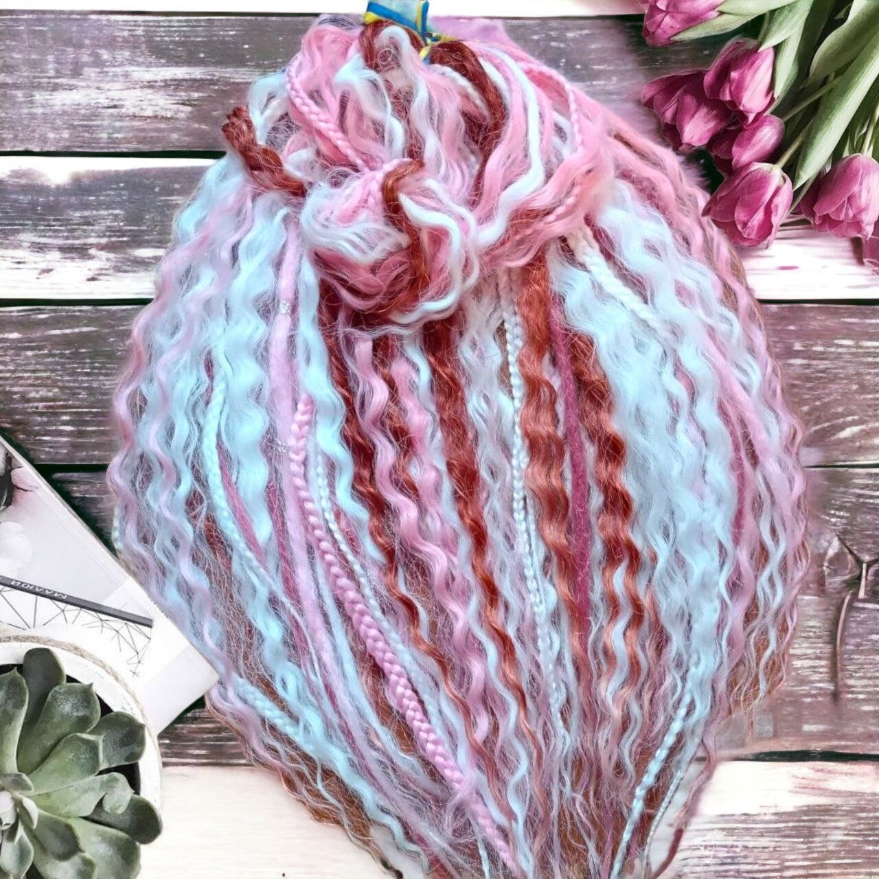 Boho Vibes Pink and White and a hint of Red Double Ended Dreads Curls - Custom-Made Synthetic Dreads Curls Hair Accessories with loose curls