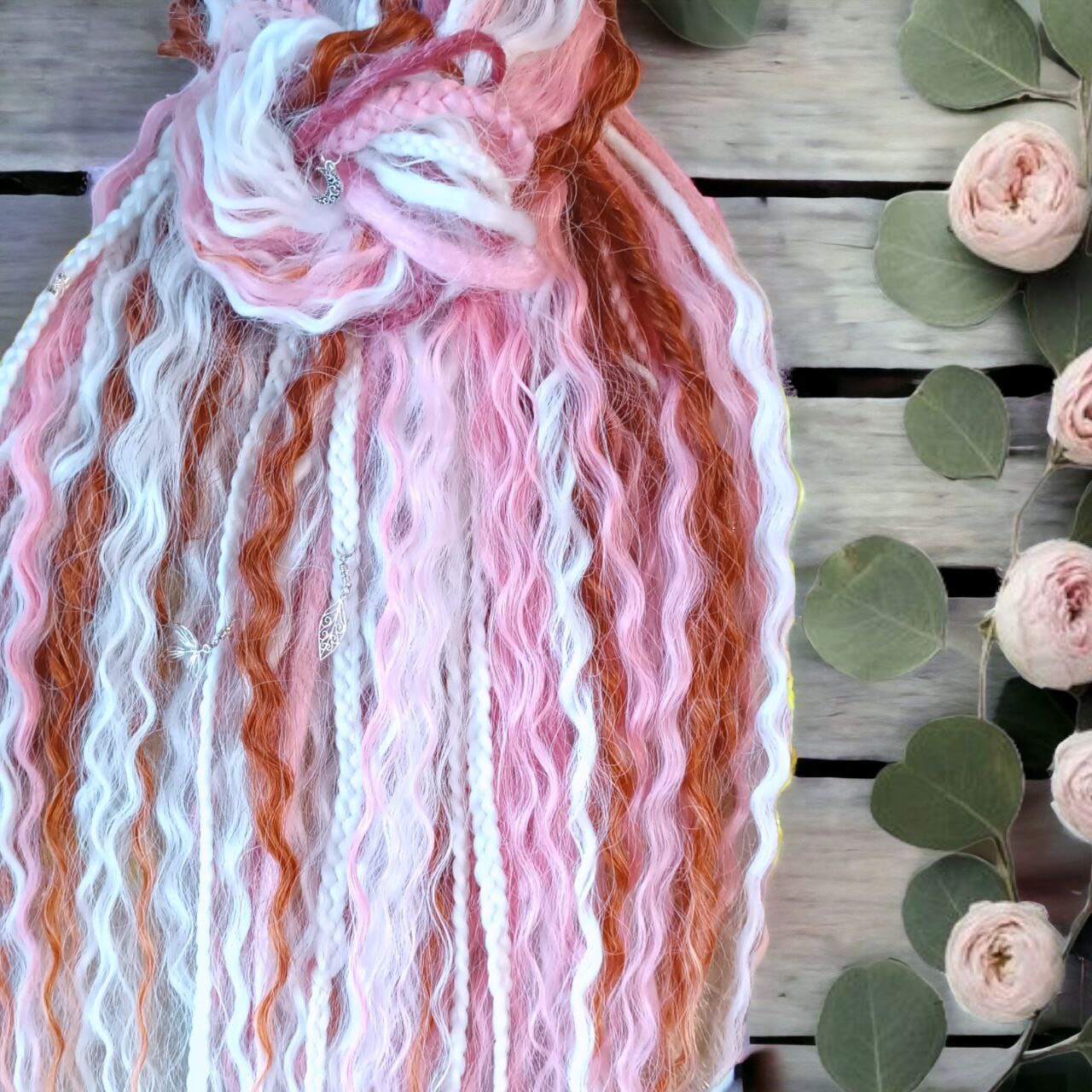 Boho Vibes Pink and White and a hint of Red Double Ended Dreads Curls - Custom-Made Synthetic Dreads Curls Hair Accessories with loose curls