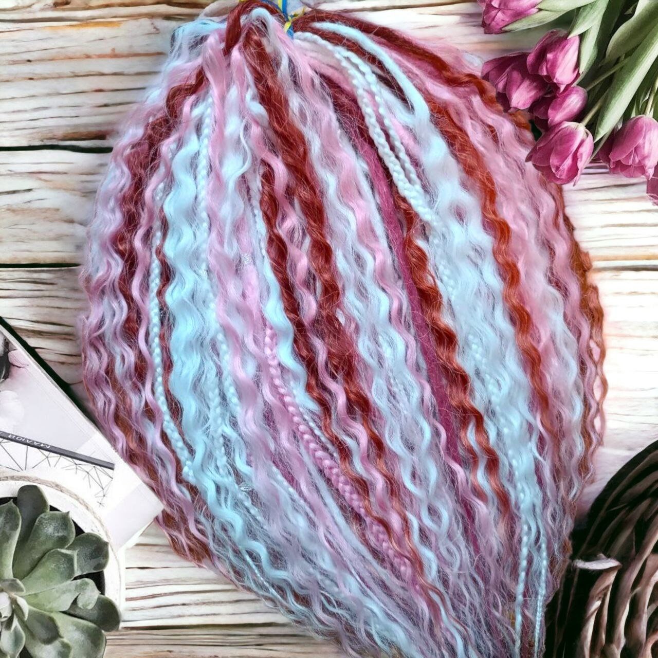 Boho Vibes Pink and White and a hint of Red Double Ended Dreads Curls - Custom-Made Synthetic Dreads Curls Hair Accessories with loose curls