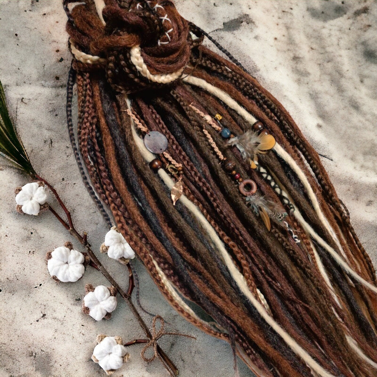 Fashion Forward Brown and Blond Synthetic Dread Extensions: Effortlessly Stylish Double Ended Dreads and Braids with feathers