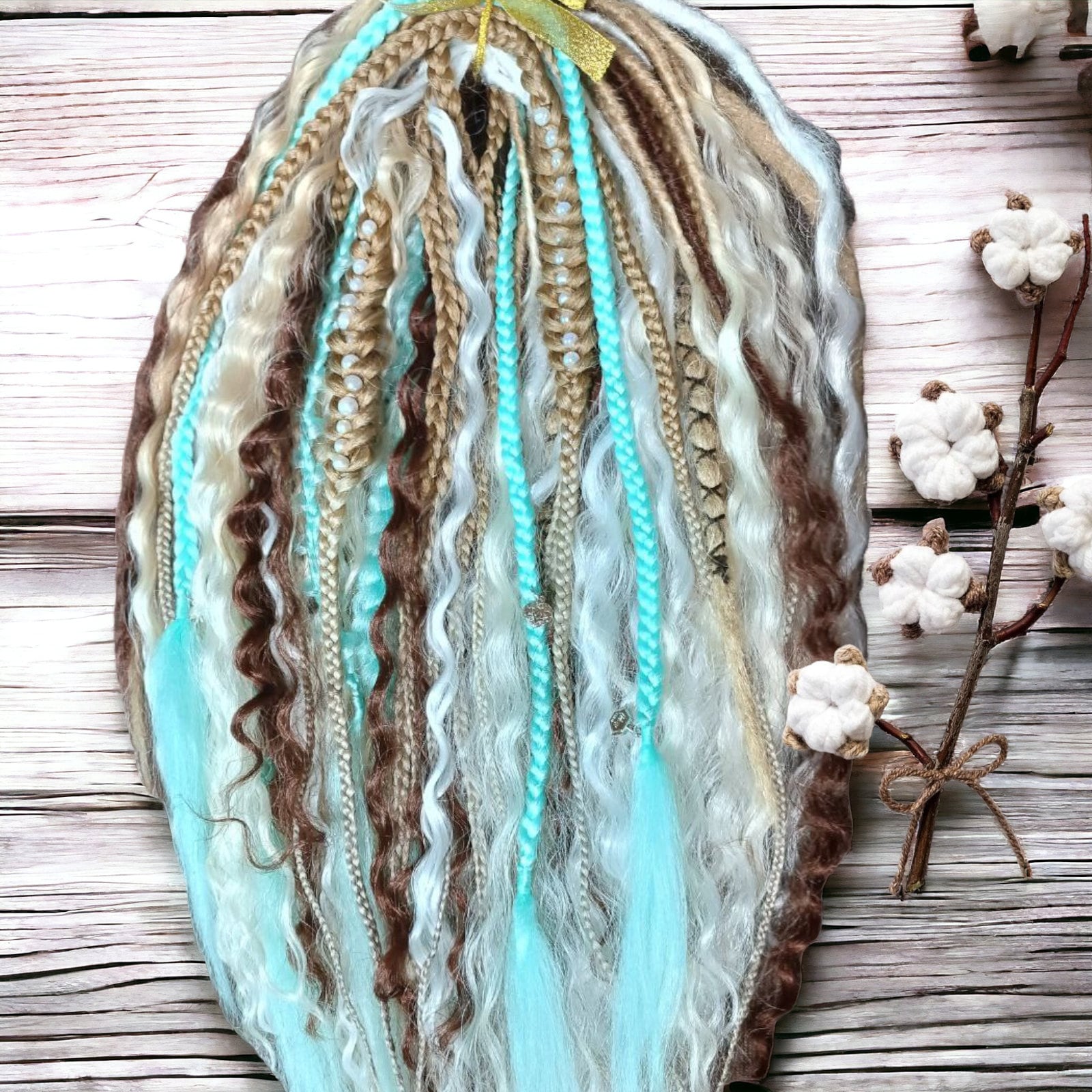 Custom-Made White and Teal Double Ended Dread Curls - Boho Vibes Synthetic Dreadlock Hair Extensions with loose curls