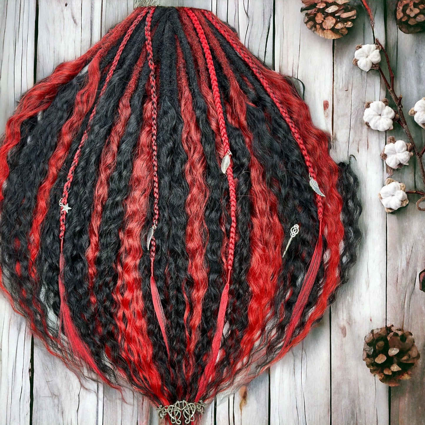 Handmade Black and Red Curly Dreads - Statement Hair Accessories