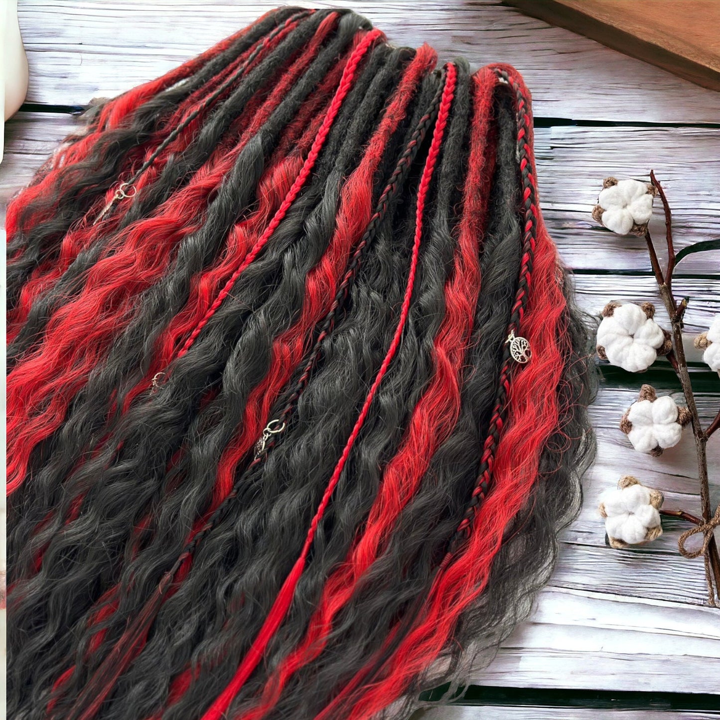 Handmade Black and Red Curly Dreads - Statement Hair Accessories