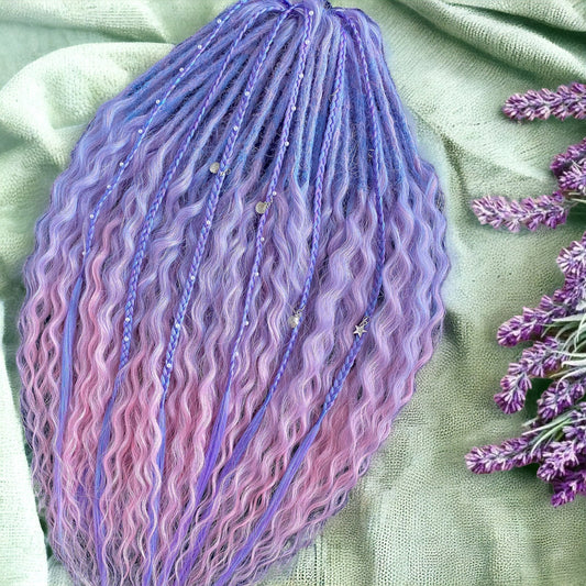 Enchanting Mermaid Purple Double Ended Synthetic Dread Extensions with Braided Accents with loose curls Inactive - MiraDreadlocks