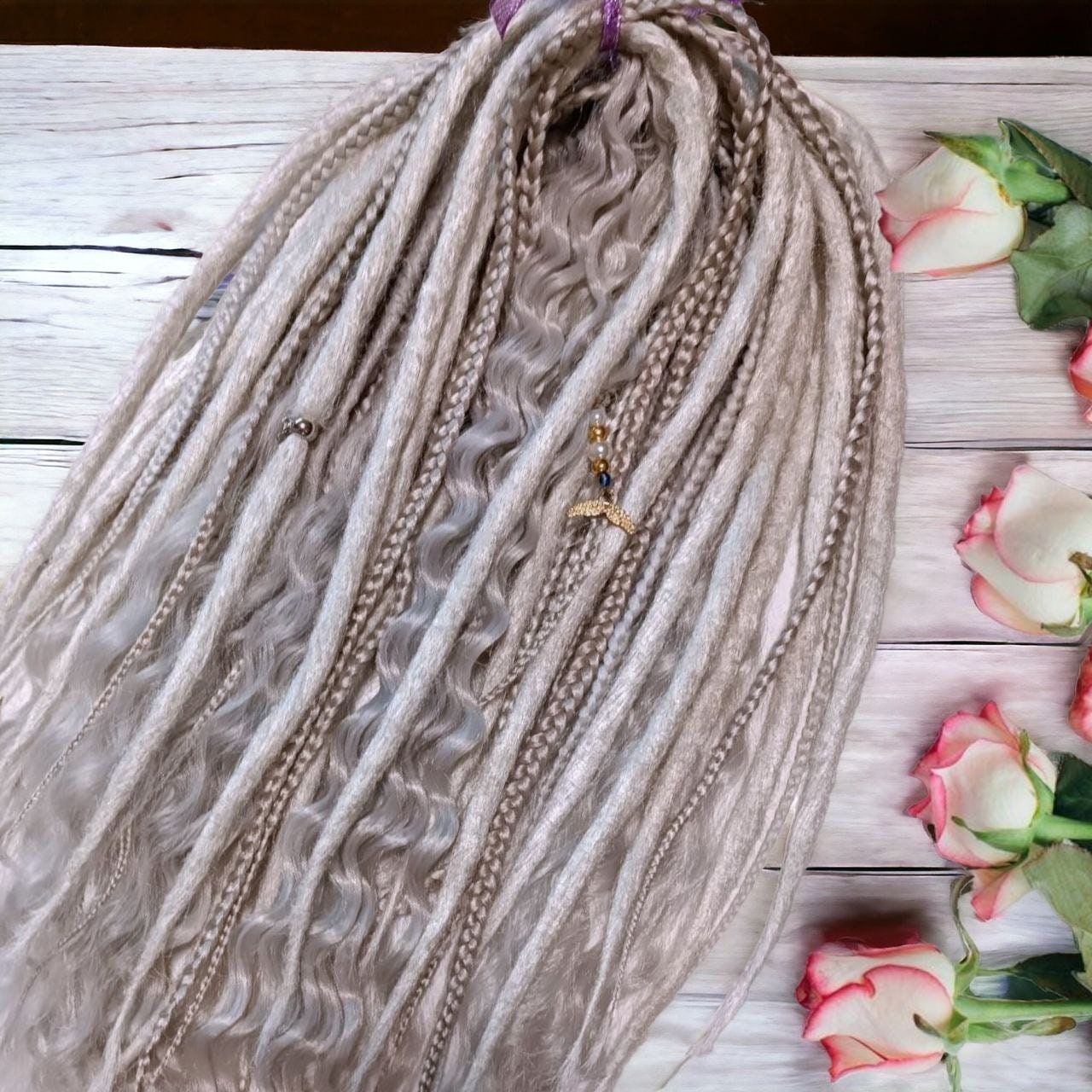 Ash Blond and Light silver Double Ended Dreads - Synthetic Dreadlocks for Unique Hairstyles with loose curls - MiraDreadlocks