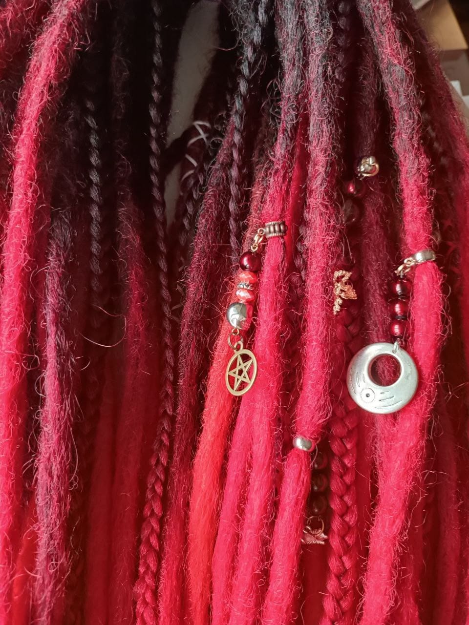 Vibrant Red to Black Ombre Crocheted Dreads and Braids Set