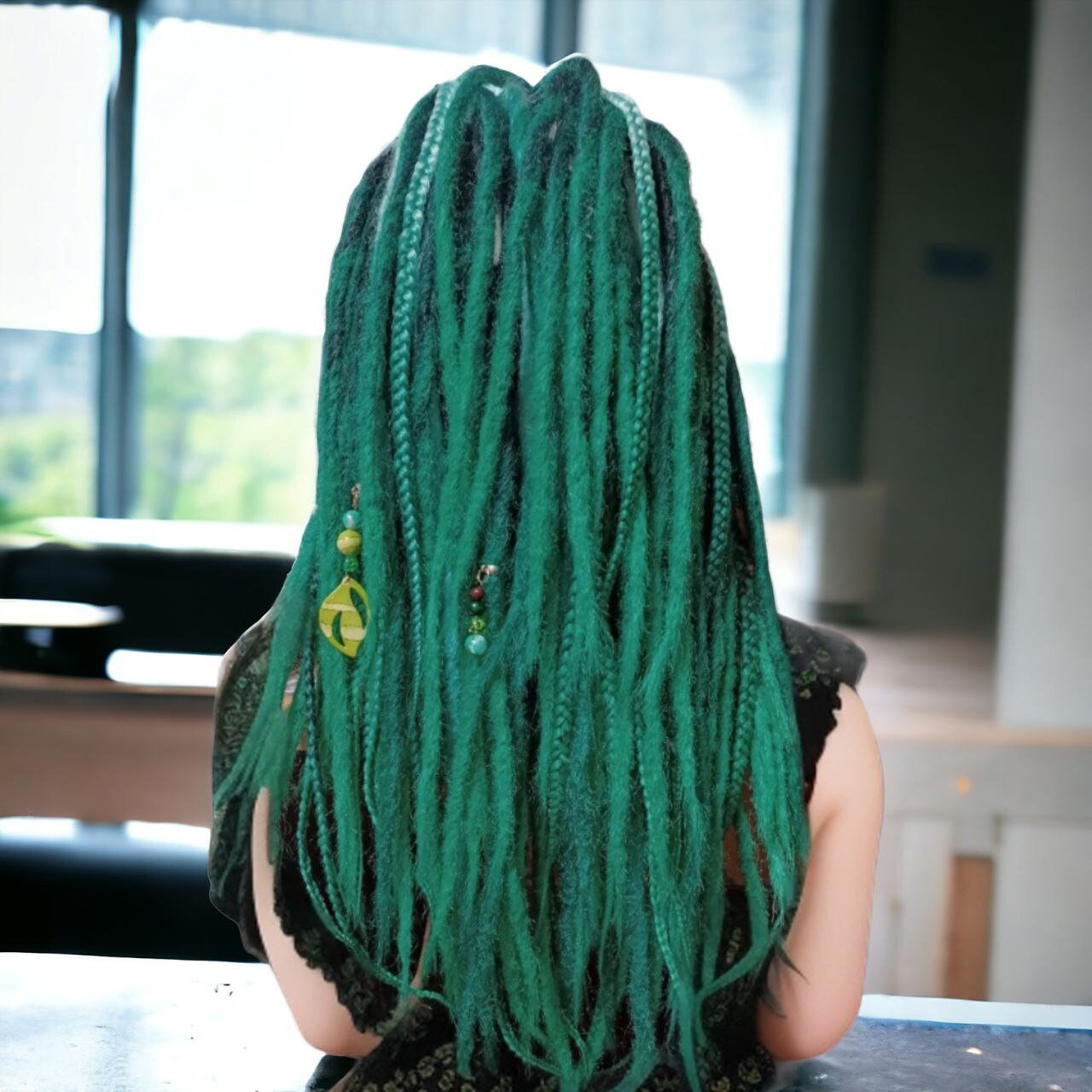 Handcrafted Black to Green Ombre Crocheted Dreads and Braids - MiraDreadlocks