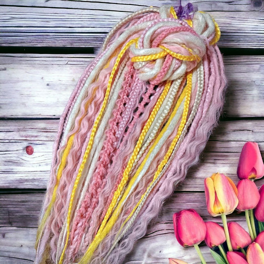 Synthetic Crochet Dreads Extensions in Pink, Blond, and Yellow - Boho Style with loose curls