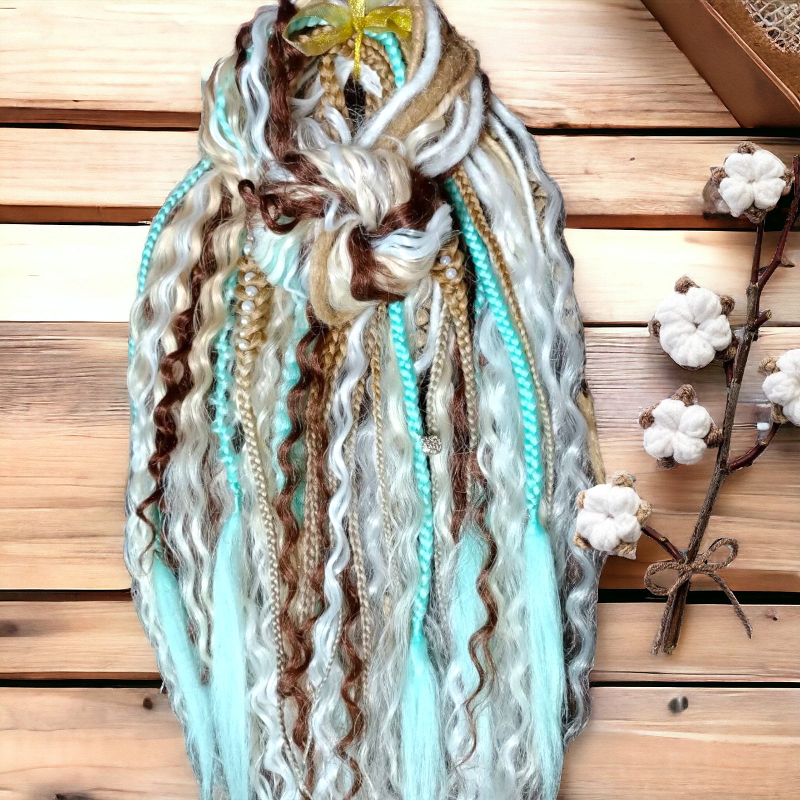 Custom-Made White and Teal Double Ended Dread Curls - Boho Vibes Synthetic Dreadlock Hair Extensions with loose curls