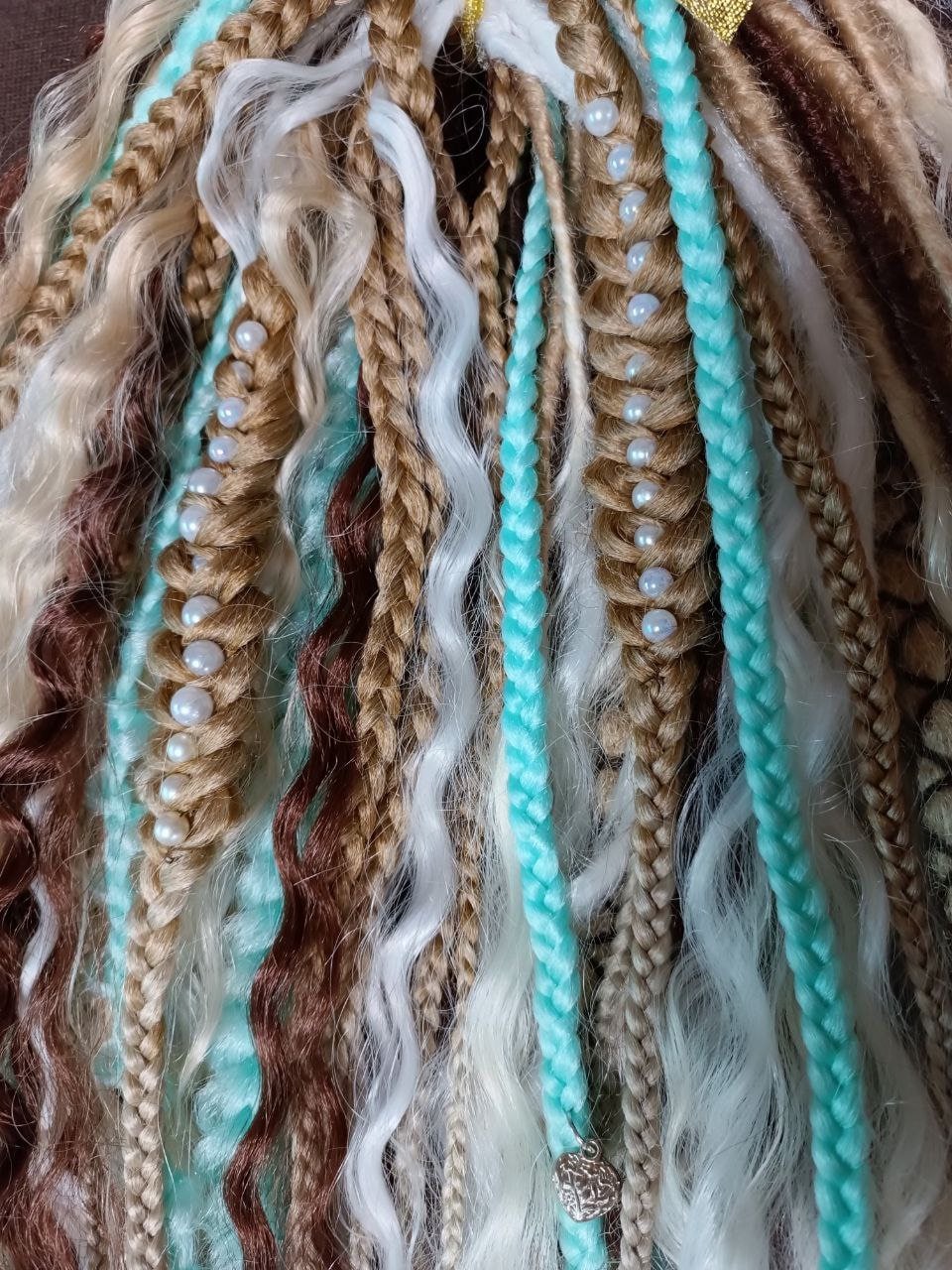 Custom-Made White and Teal Double Ended Dread Curls - Boho Vibes Synthetic Dreadlock Hair Extensions with loose curls