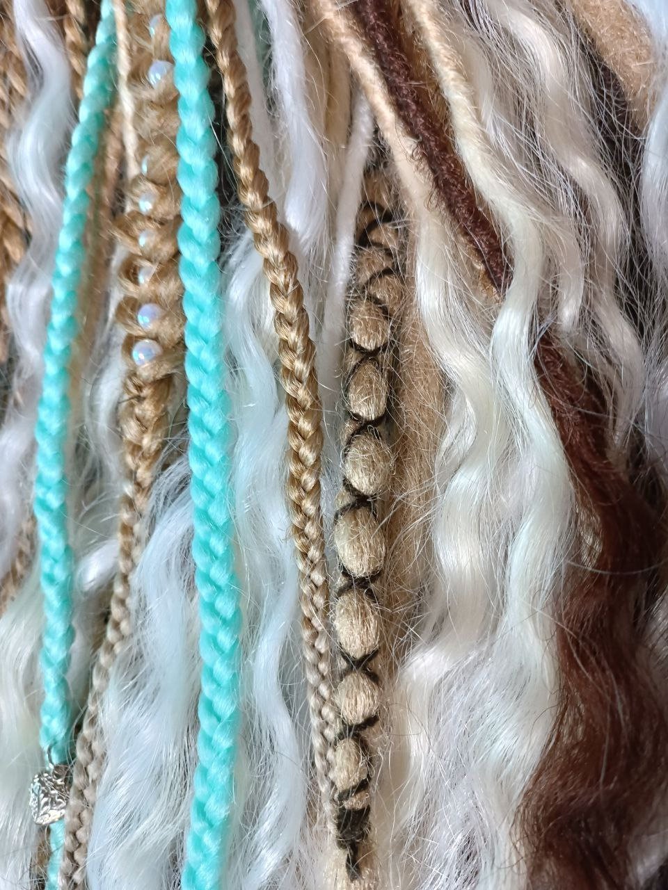 Custom-Made White and Teal Double Ended Dread Curls - Boho Vibes Synthetic Dreadlock Hair Extensions with loose curls