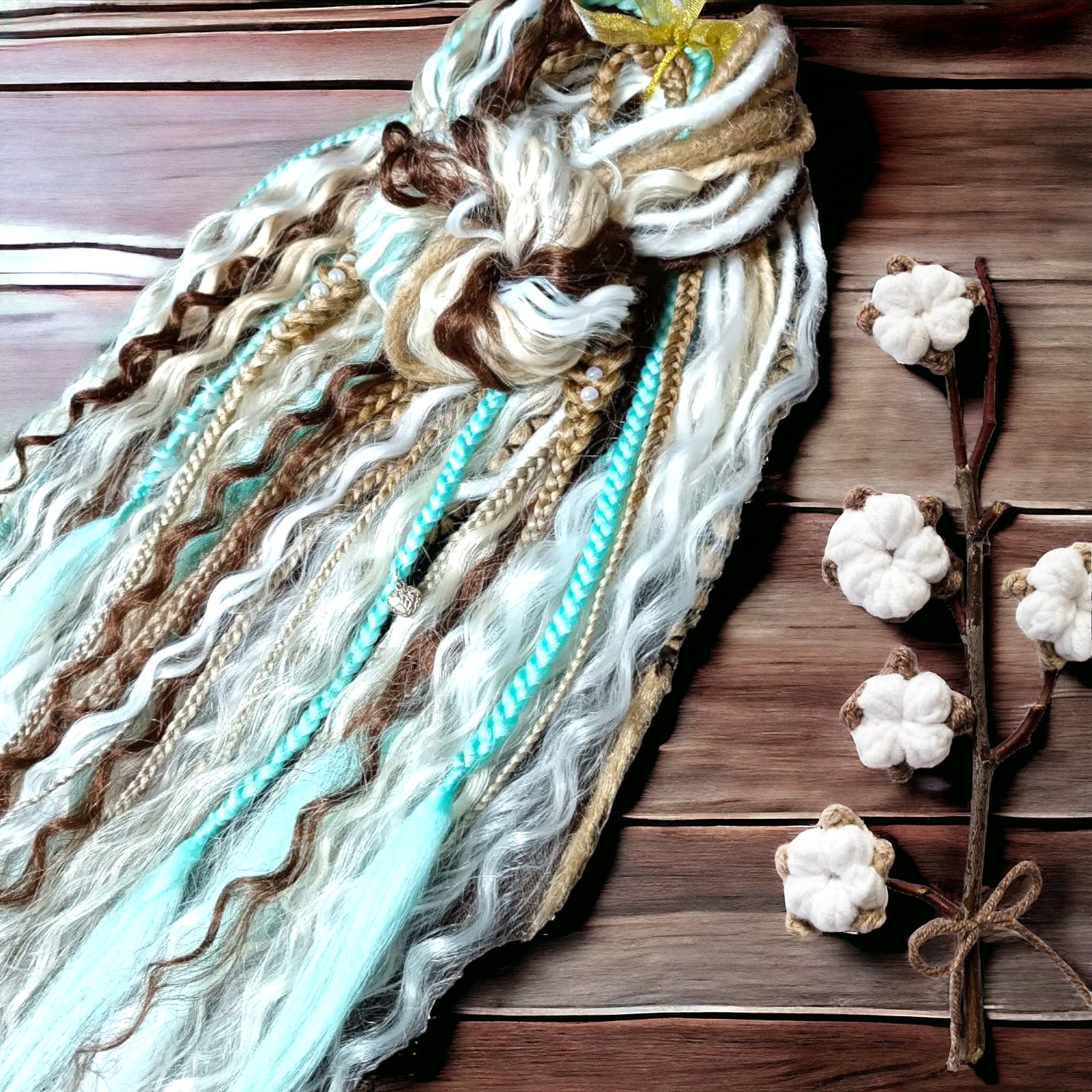 Custom-Made White and Teal Double Ended Dread Curls - Boho Vibes Synthetic Dreadlock Hair Extensions with loose curls