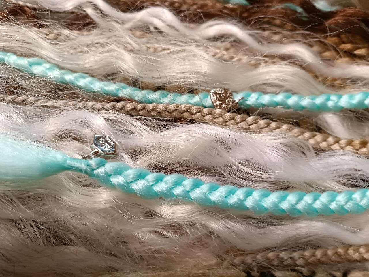 Custom-Made White and Teal Double Ended Dread Curls - Boho Vibes Synthetic Dreadlock Hair Extensions with loose curls