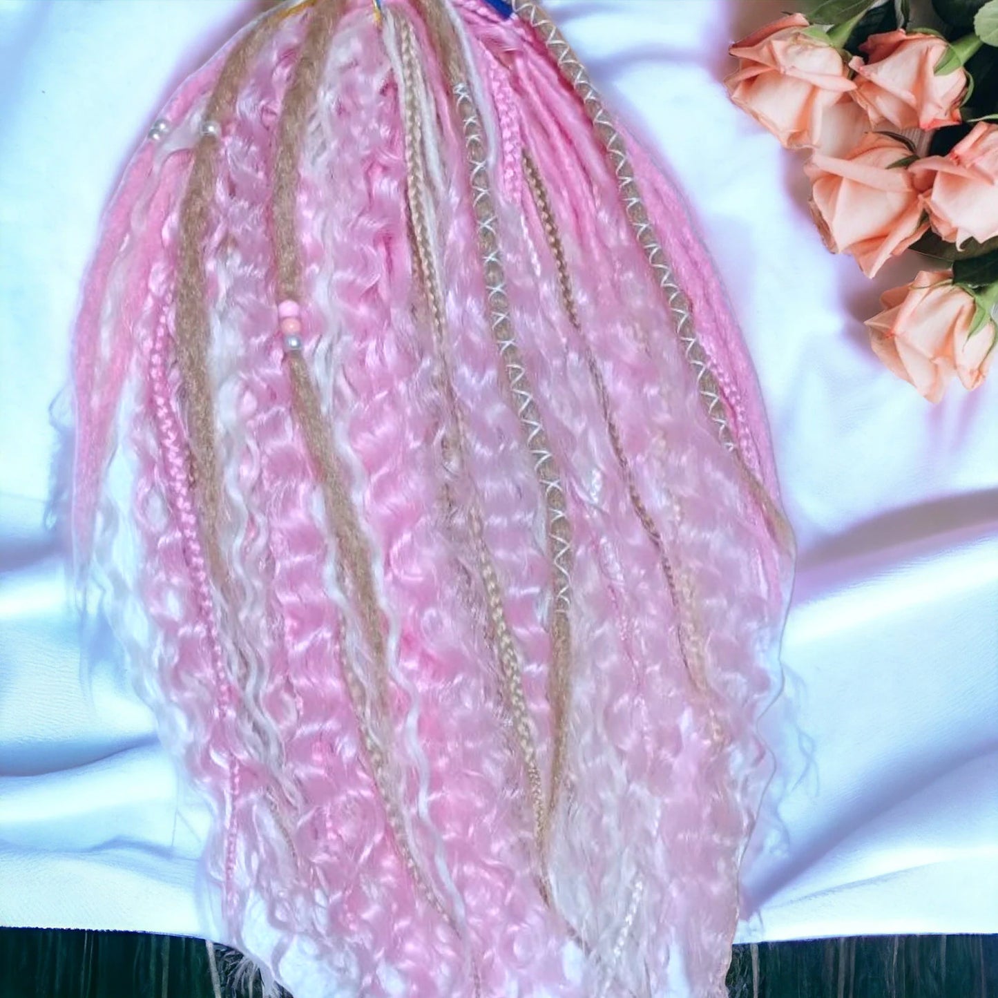 Pink White Hidden Base Visible Length Curly Hair Extensions