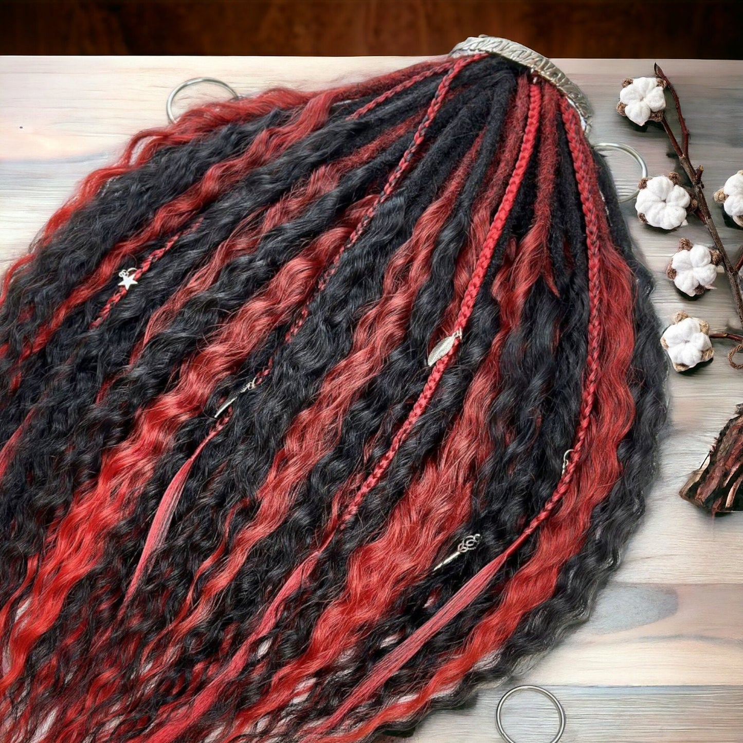 Handmade Black and Red Curly Dreads - Statement Hair Accessories