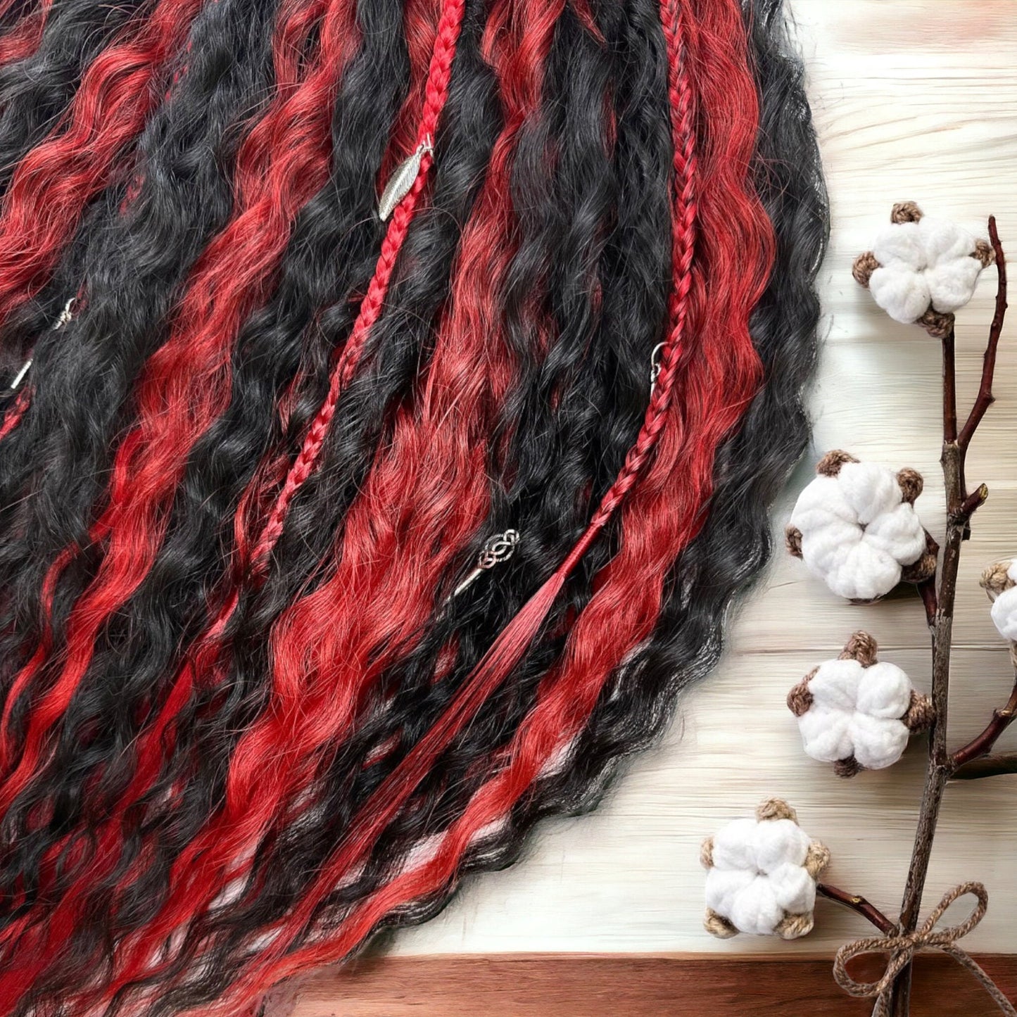 Handmade Black and Red Curly Dreads - Statement Hair Accessories