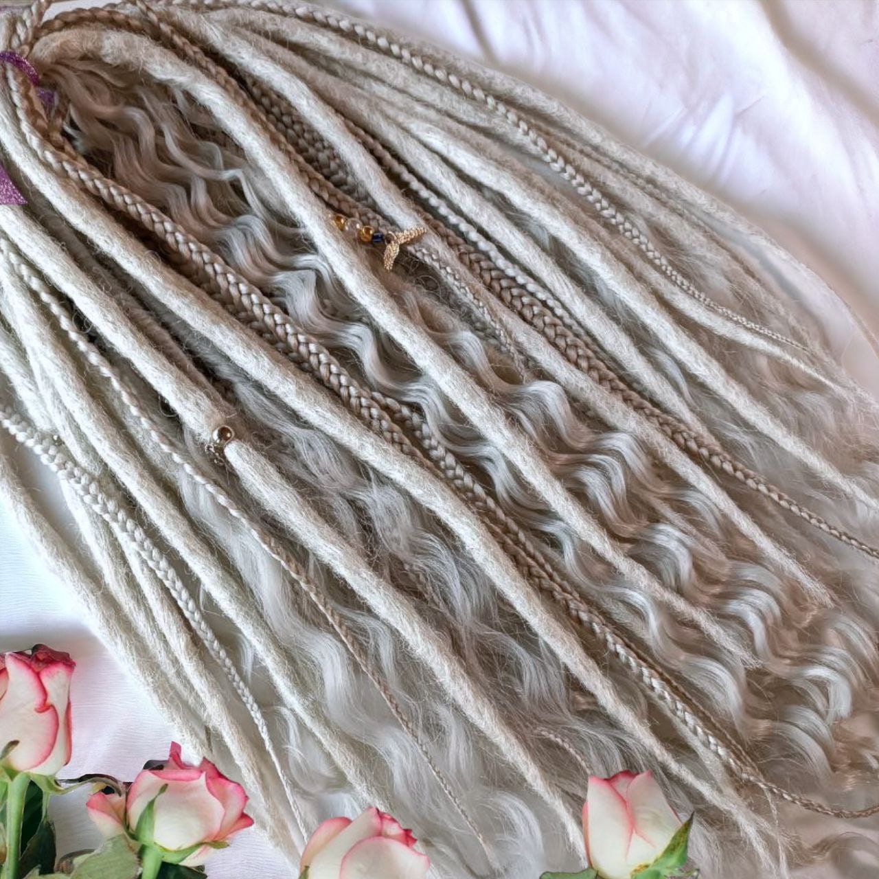 Ash Blond and Light silver Double Ended Dreads - Synthetic Dreadlocks for Unique Hairstyles with loose curls - MiraDreadlocks