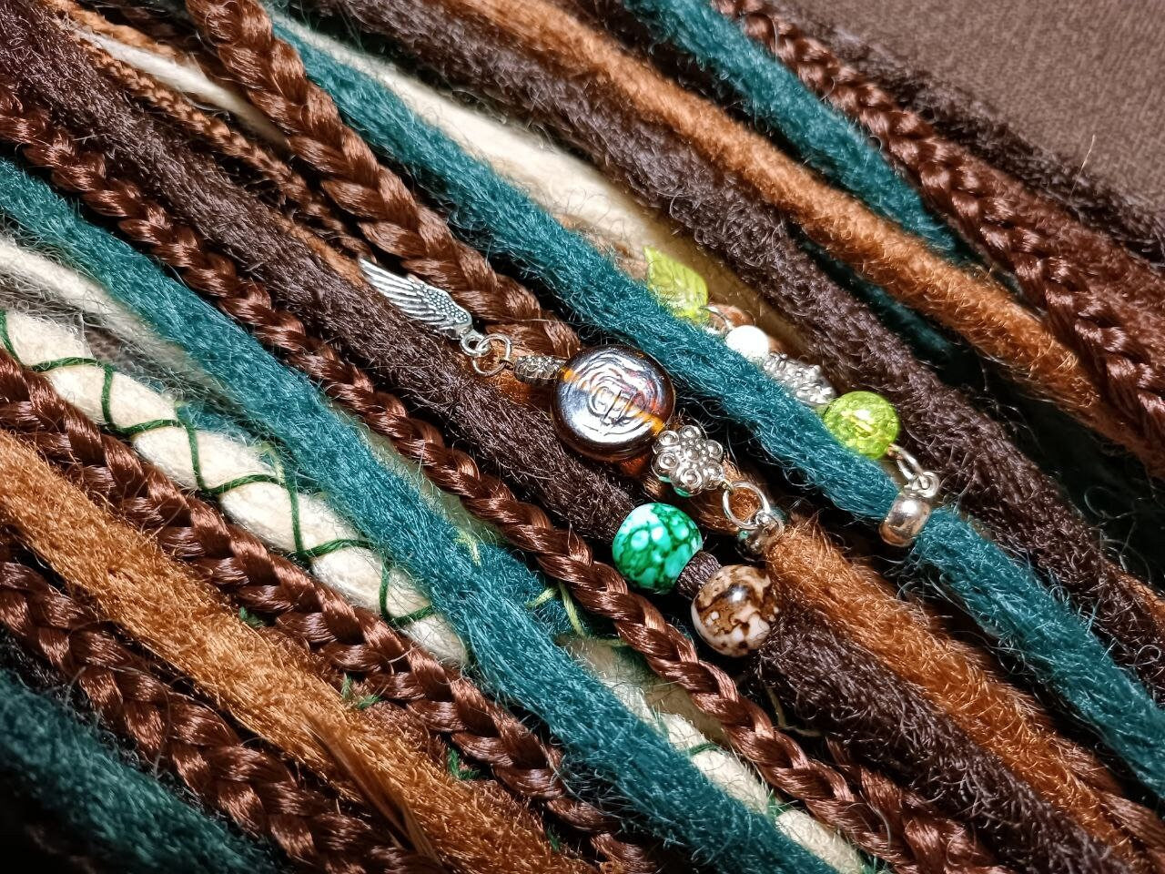 Boho Chic Brown Blond and green Synthetic Crocheted Dreads Extensions Forester inspired Set