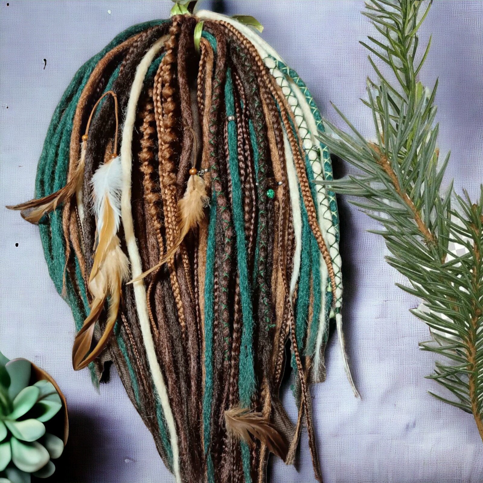 Boho Chic Brown Blond and green Synthetic Crocheted Dreads Extensions Forester inspired Set