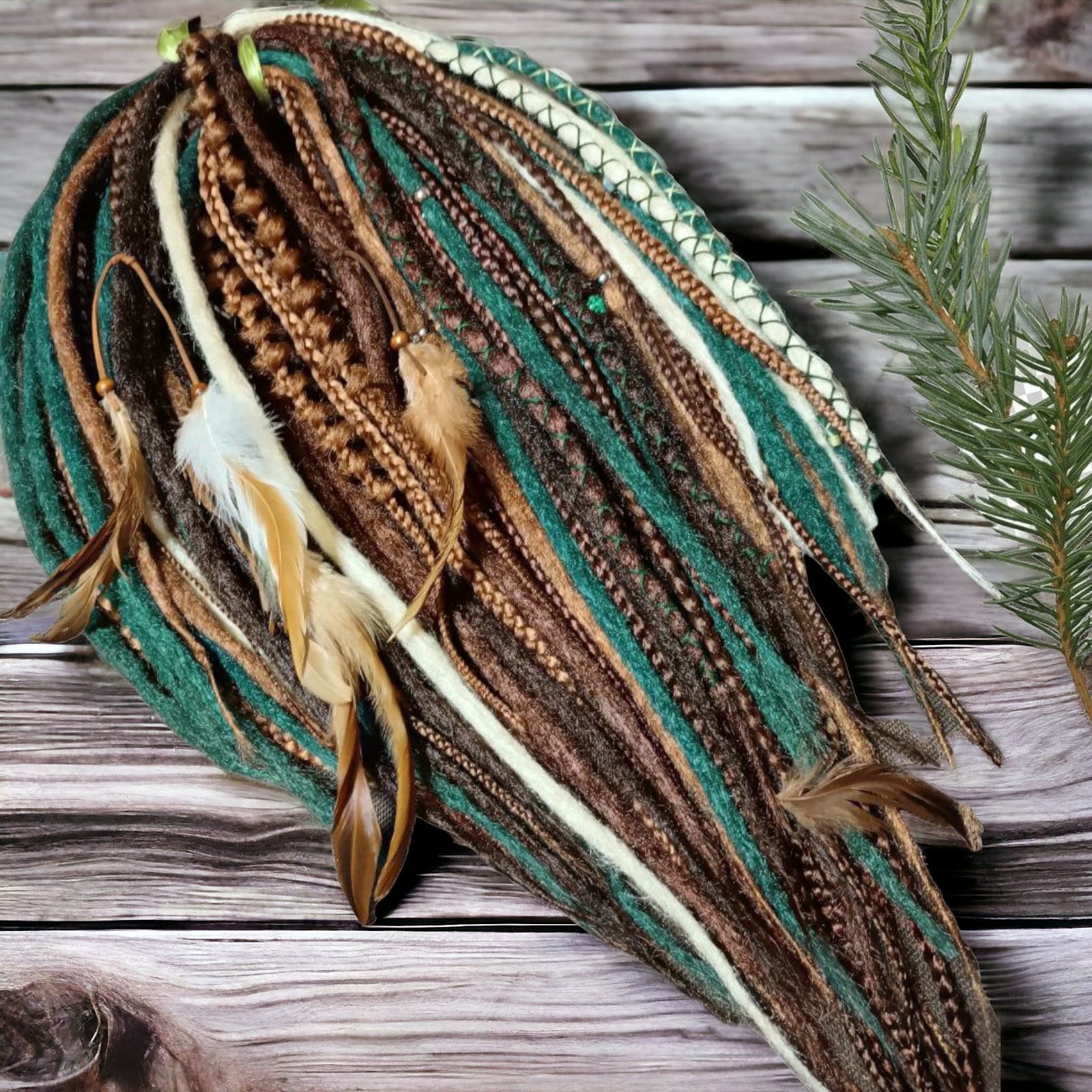 Boho Chic Brown Blond and green Synthetic Crocheted Dreads Extensions Forester inspired Set