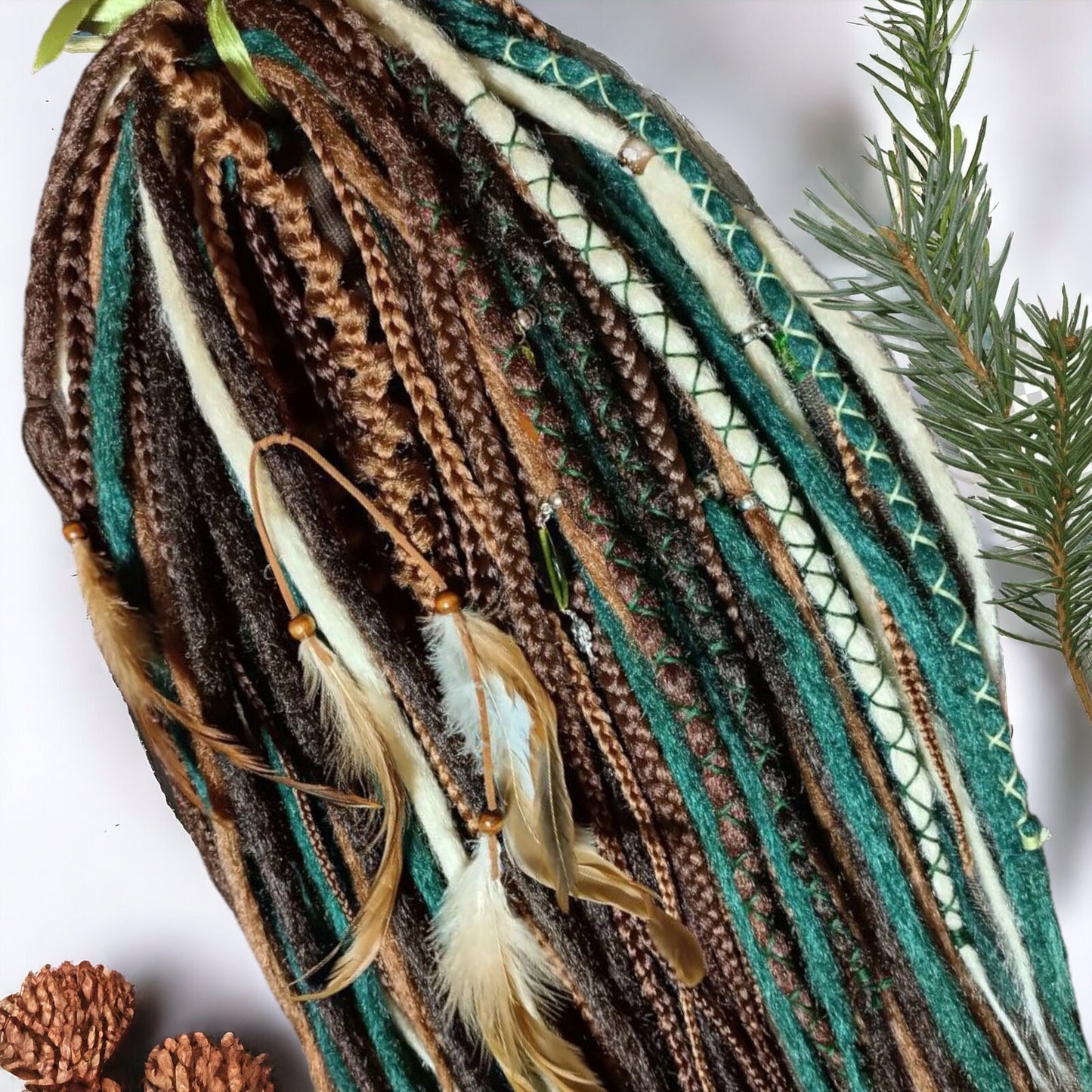 Boho Chic Brown Blond and green Synthetic Crocheted Dreads Extensions Forester inspired Set